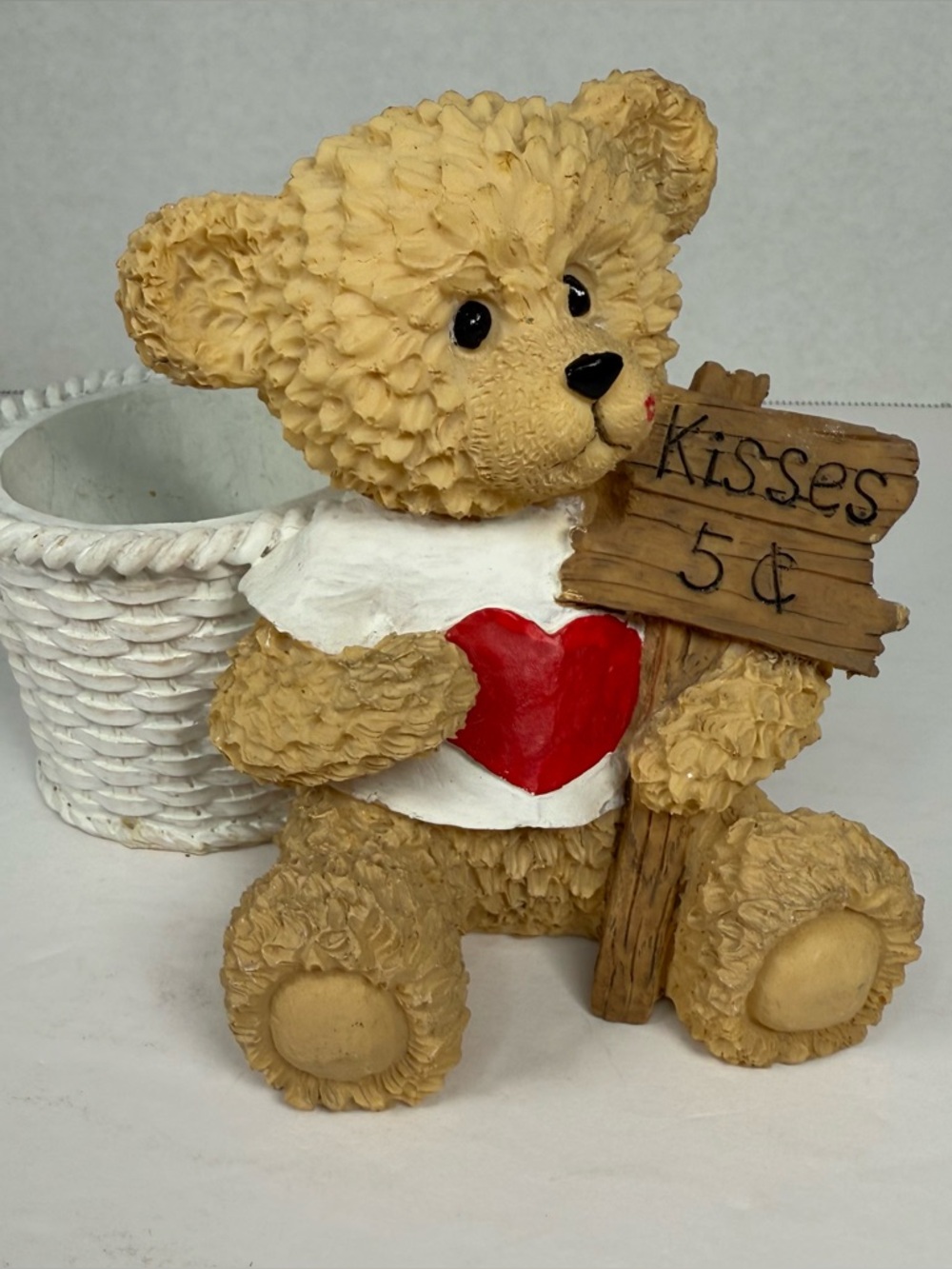 VTG Valentine Teddy Bear Figurine Kisses 5¢ Heart Resin Basket Buddy Progressive